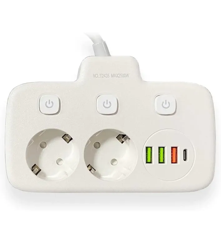 Akım Korumalı 2’li Ayrı Anahtarlı Priz, 2x Priz, 3x USB, 1x Type-C, 2 mt Kablo, Hızlı Şarj