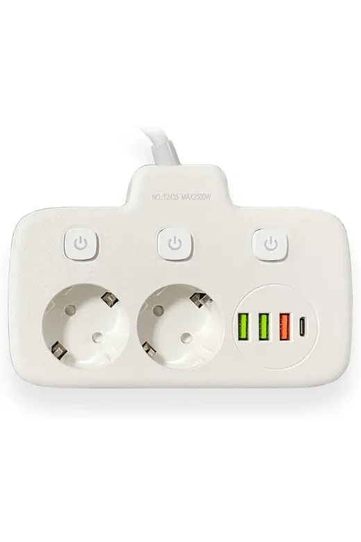 Akım Korumalı 2’li Ayrı Anahtarlı Priz, 2x Priz, 3x USB, 1x Type-C, 2 mt Kablo, Hızlı Şarj