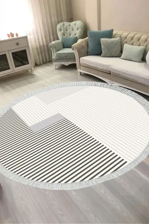ALANUR AL4050-sckl-k-hali-yuvarlak Kaymaz Yıkanabilir Dijital Baskılı Salon Halısı Trend Saçaklı Yuvarlak Geometrik Al4050
