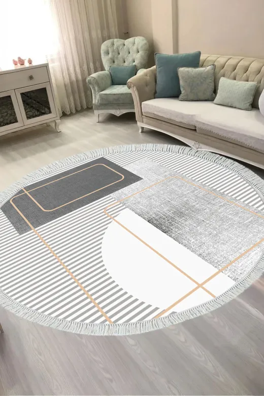 ALANUR AL4052-sckl-k-hali-yuvarlak Kaymaz Yıkanabilir Dijital Baskılı Salon Halısı Trend Saçaklı Yuvarlak Geometrik Al4052