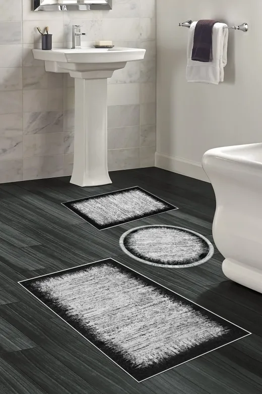 Alanur Home 1342-banyo-paspas-2-K-S Eko Trend Djt 3 Lü Yıkanabilir Kaymaz Taban Banyo Paspas Seti 1342 Modern Siyah