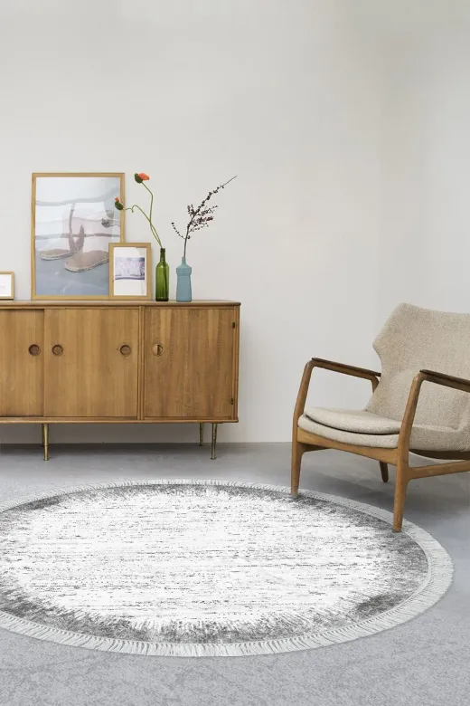 Alanur Home 1342-Trend-Banyo-Yuvarlak Eko Trend Kaymaz Taban Dijital Salon Halısı 1342 Yuvarlak Modern Gri