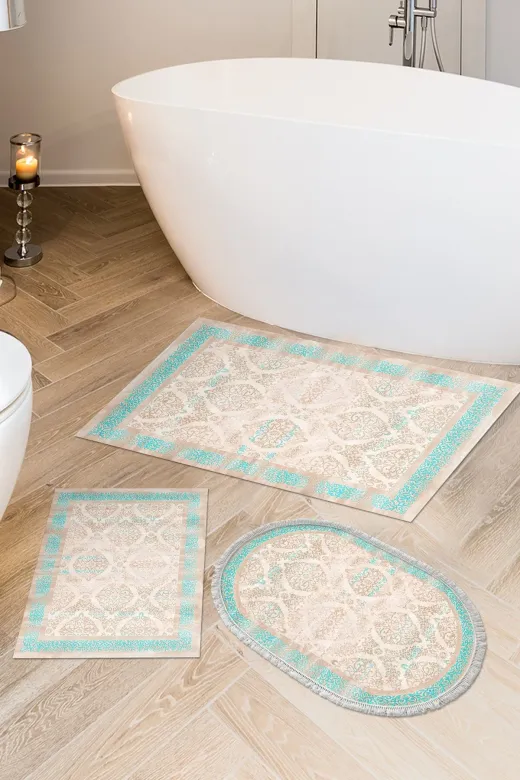 Alanur Home 1376-banyo-paspas-K-S Eko Trend Djt 3 Lü Yıkanabilir Kaymaz Taban Banyo Paspas Seti 1376 Klasik Turkuaz