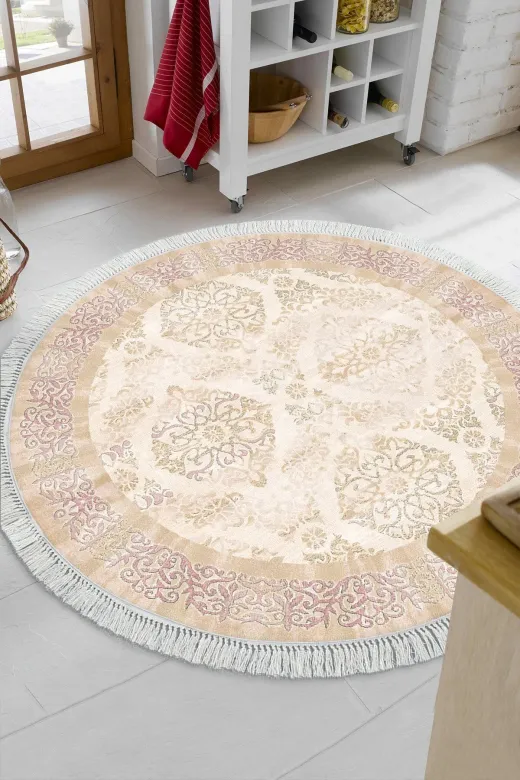 Alanur Home 1376-Trend-Banyo-Yuvarlak Eko Trend Djt Banyo Paspası Yıkanabilir Kaymaz Taban 1376 Yuvarlak Klasik Pudra Pembe