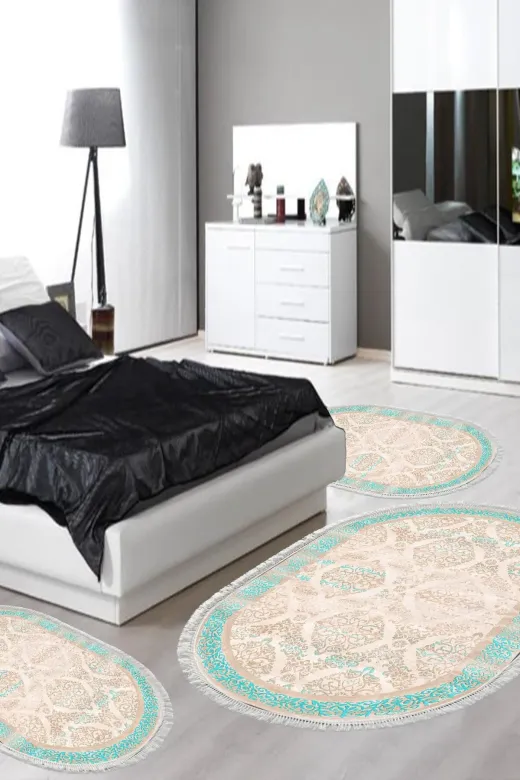 Alanur Home 1376-yatak-3-pcs-oval-K-S-Oval Eko Trend Djt Yıkanabilir Kaymaz Taban Oval 3 Lü Yatak Odası Takımı 1376 Klasik Turkuaz