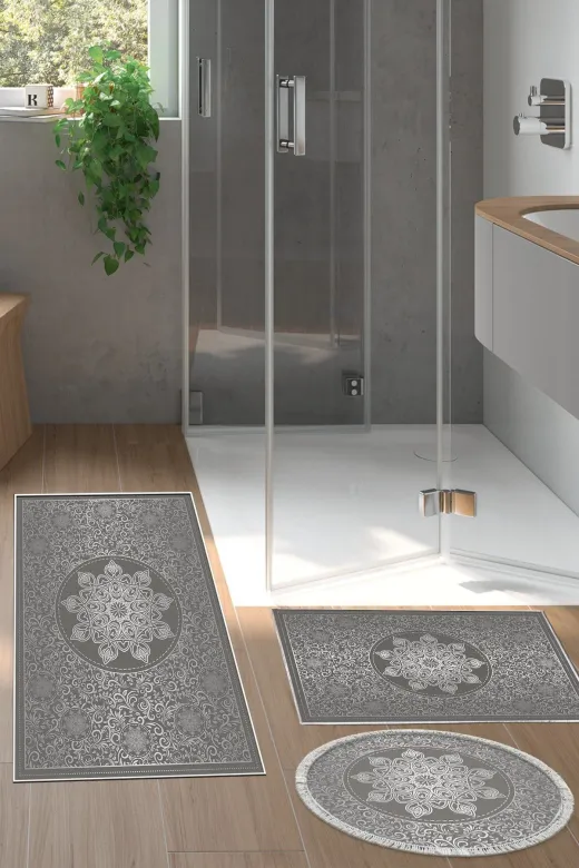 Alanur Home 1448-banyo-paspas-2-K-S Eko Trend Djt 3 Lü Yıkanabilir Kaymaz Taban Banyo Paspas Seti 1448 Osmanli Gümüş