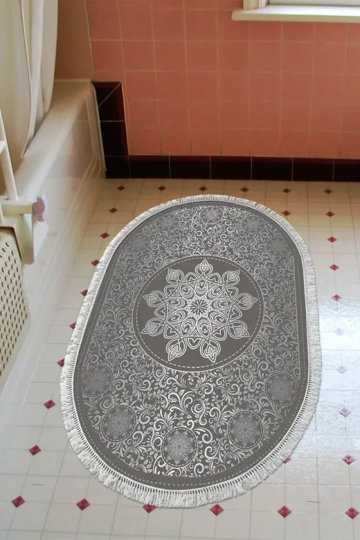 Alanur Home 1448-Trend-Banyo-Oval Eko Trend Djt Banyo Paspası Yıkanabilir Kaymaz Taban 1448 Oval Osmanlı Gümüş