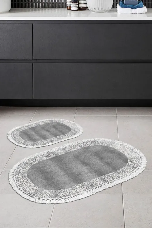 Alanur Home 1460-eko-klozet-oval-2-K-S-Oval Eko Trend Djt 2 Li Yıkanabilir Kaymaz Taban Oval Banyo Paspas 1460 Modern Gri (50 X 80 - 40 X 50)