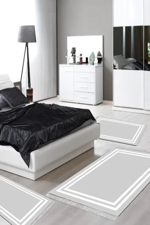 Alanur Home 1696-yatak-3-pcs-K-S Eko Trend Djt Yıkanabilir Kaymaz Taban 3 Lü Yatak Odası Takımı 1696 Bordürlü Gri Beyaz