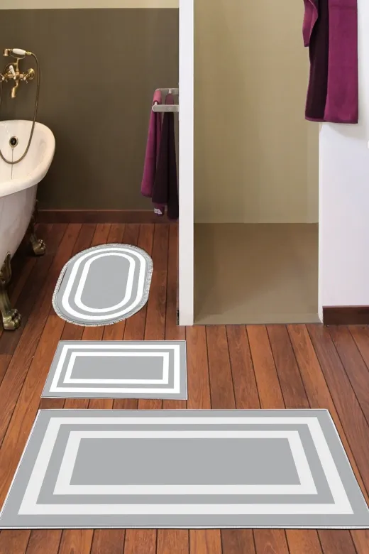 Alanur Home 2229M-banyo-paspas-K-S Eko Trend Djt 3 Lü Yıkanabilir Kaymaz Taban Banyo Paspas Seti 2229M Bordürlü Gri Beyaz