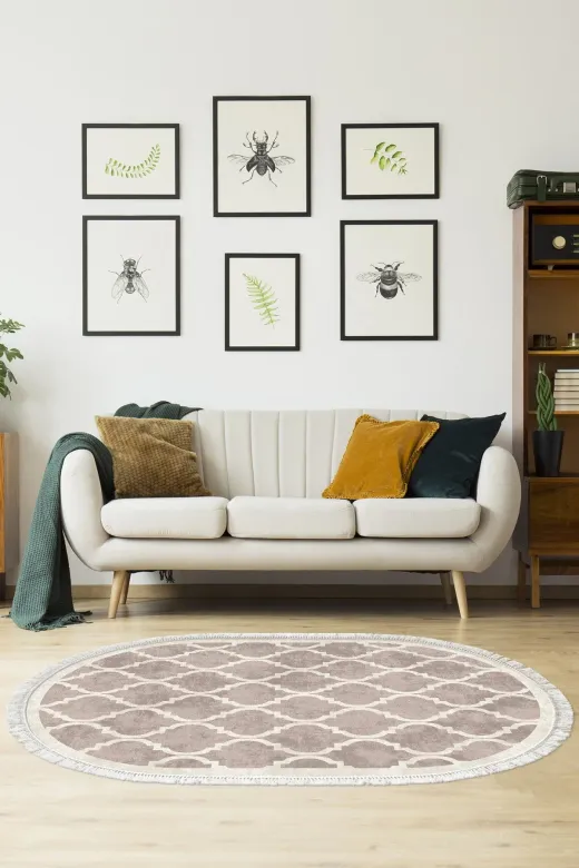 Alanur Home 400601-K-O Krem Kaymaz Dod Tabanlı Saçaklı Dijital Oval Halı