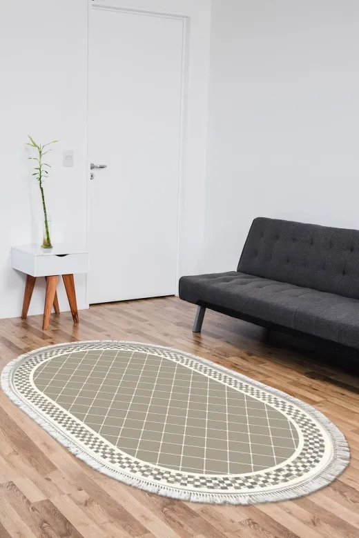 Alanur Home 400603-K-O Camel Trend Kaymaz Dod Tabanlı Saçaklı Dijital Oval Halı