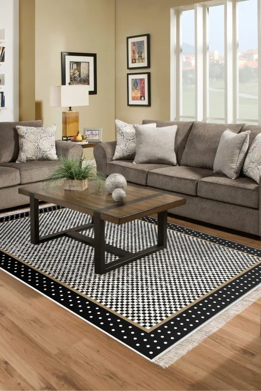 Alanur Home 400604-K Si?yahtrend Kaymaz Dod Tabanlı Saçaklı Dijital Halı