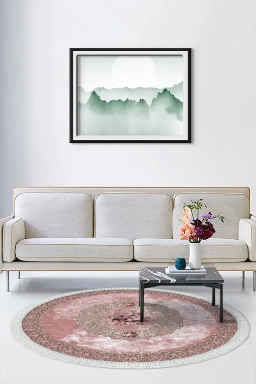 Alanur Home 400617-K-Y Pudra Trend Kaymaz Dod Tabanlı Saçaklı Dijital Yuvarlak Halı