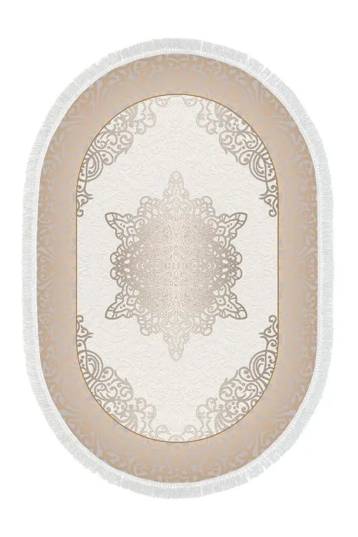 Alanur Home 400623-K-S-Oval Krem Keçe Tabanlı Saçaklı Dijital Oval Halı