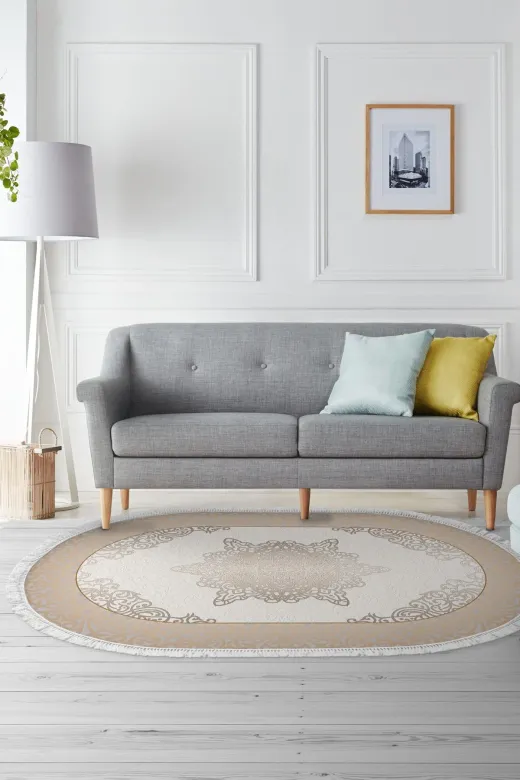 Alanur Home 400623-K-S-Oval Krem Keçe Tabanlı Saçaklı Dijital Oval Halı