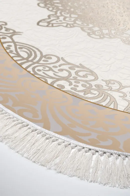 Alanur Home 400623-K-S-Oval Krem Keçe Tabanlı Saçaklı Dijital Oval Halı