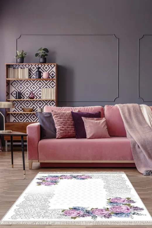 Alanur Home 400625-K-S Alanur Trend Keçe Tabanlı Saçaklı Dijital Halı Mürdüm