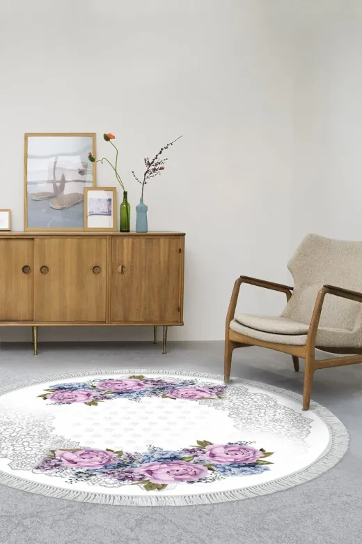 Alanur Home 400625-K-S-Yuvarlak Alanur Trend Keçe Tabanlı Saçaklı Dijital Halı Yuvarlak Mürdüm