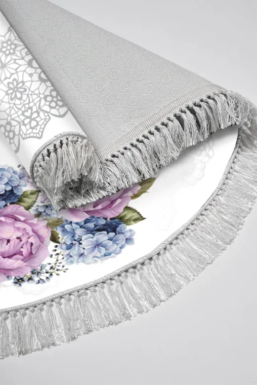 Alanur Home 400625-K-S-Yuvarlak Alanur Trend Keçe Tabanlı Saçaklı Dijital Halı Yuvarlak Mürdüm