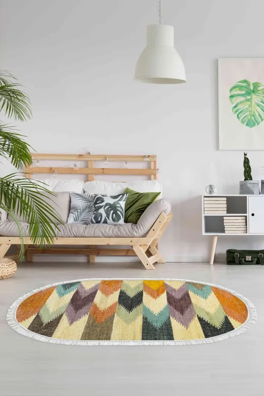 Alanur Home 400629-K-S-Oval Alanur Trend Keçe Tabanlı Saçaklı Dijital Halı Oval Multi?