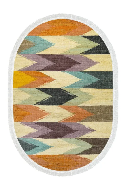 Alanur Home 400629-K-S-Oval Alanur Trend Keçe Tabanlı Saçaklı Dijital Halı Oval Multi?
