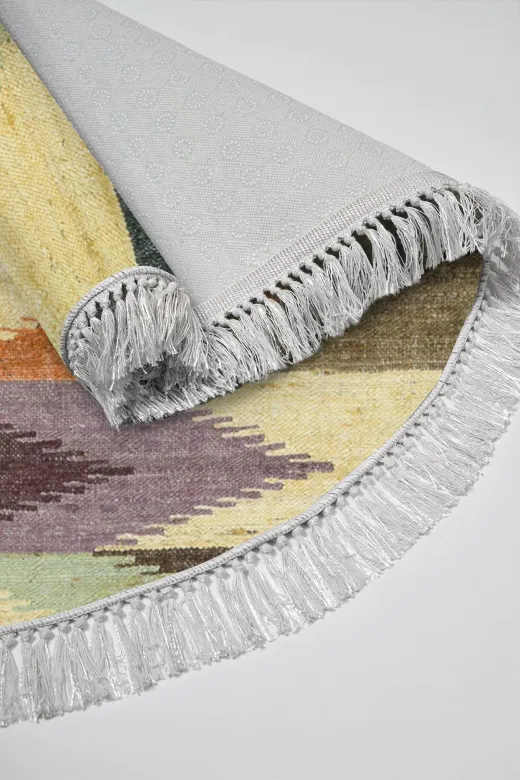 Alanur Home 400629-K-S-Yuvarlak Trend Keçe Tabanlı Saçaklı Dijital Halı Yuvarlak Multi?
