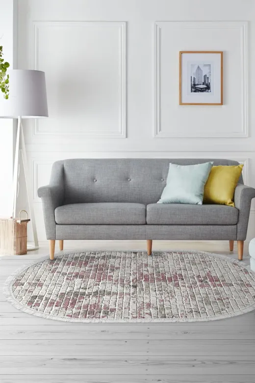 Alanur Home 400635-K-S-Oval Pudra Trend Keçe Tabanlı Saçaklı Dijital Oval Halı