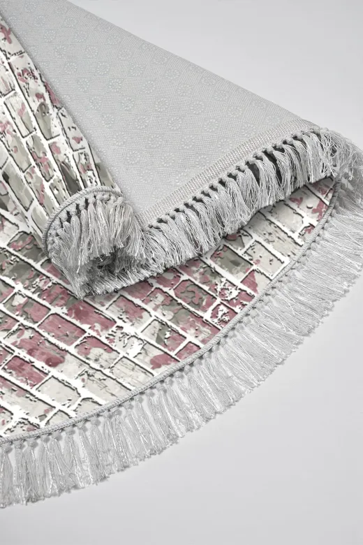 Alanur Home 400635-K-S-Oval Pudra Trend Keçe Tabanlı Saçaklı Dijital Oval Halı