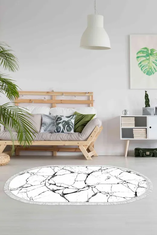 Alanur Home 400698-K-S-Oval Alanur Trend Keçe Tabanlı Saçaklı Dijital Halı Oval Beyaz