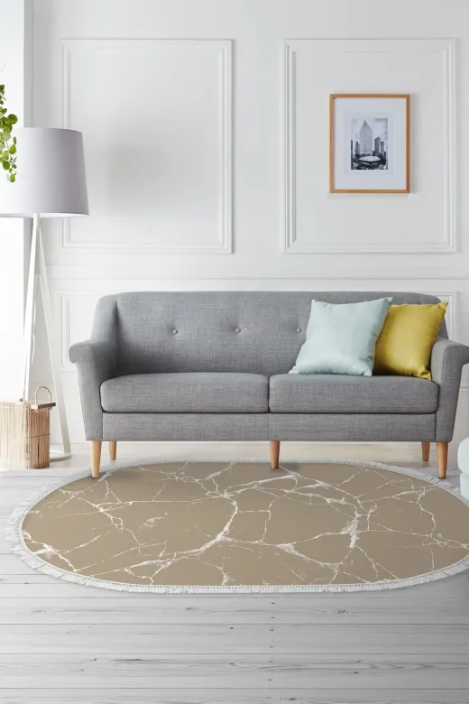 Alanur Home 400698-K-S-Oval Oval Camel Keçe Tabanlı Saçaklı Dijital Halı