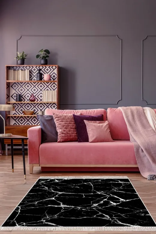 Alanur Home 400698-K-S Siiyah Keçe Tabanlı Saçaklı Dijital Halı