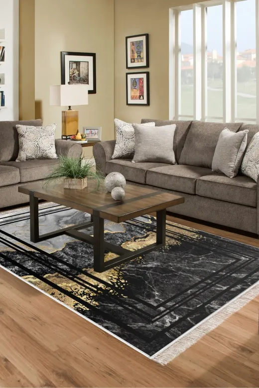 Alanur Home 400701-K-S Gri Trend Keçe Tabanlı Saçaklı Dijital Halı
