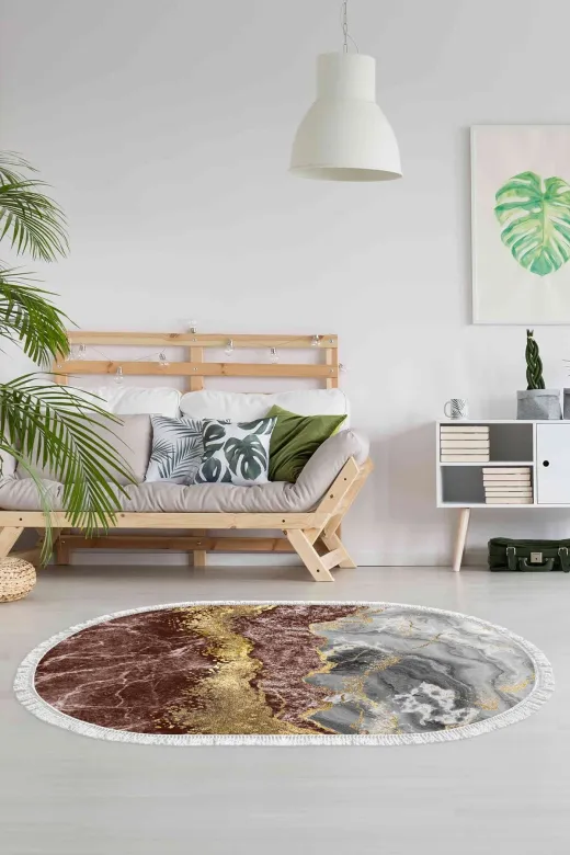 Alanur Home 400701-K-S-Oval Alanur Trend Keçe Tabanlı Saçaklı Dijital Halı Oval Renkli?