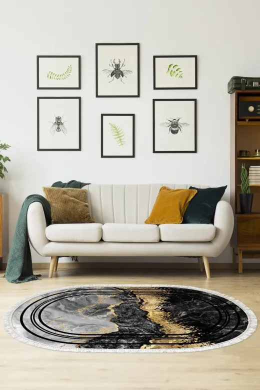 Alanur Home 400701-K-S-Oval Trend Keçe Tabanlı Saçaklı Dijital Halı Oval Gri