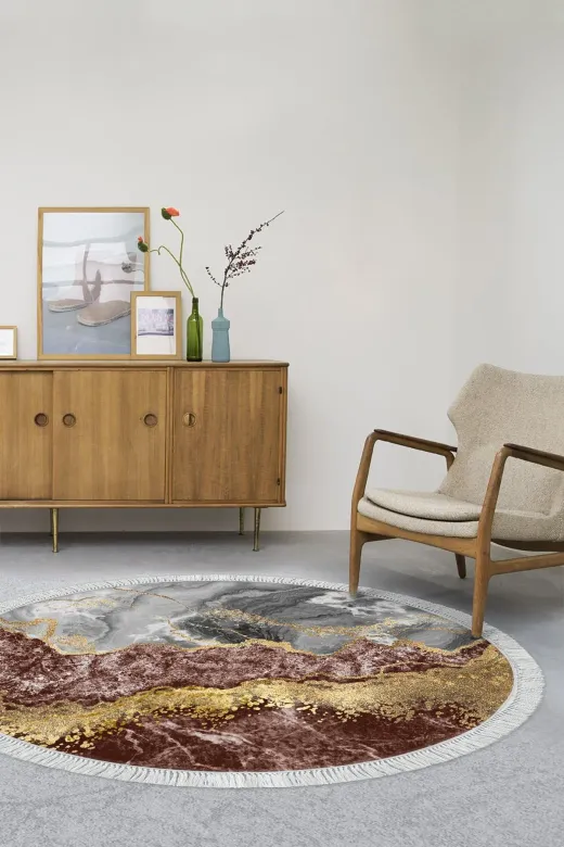 Alanur Home 400701-K-S-Yuvarlak Alanur Trend Keçe Tabanlı Saçaklı Dijital Halı Yuvarlak Renkli?