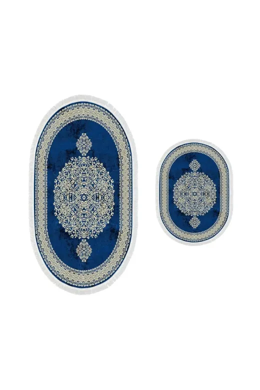 Alanur Home 410602-O Alanur Trend Kaymaz Taban Oval Saçaklı Dijital Banyo 2'li Klozet Takımı Mavi