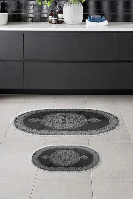 Alanur Home 410602-O Alanur Trend Kaymaz Taban Oval Saçaklı Dijital Banyo 2'li Klozet Takımı Siyah