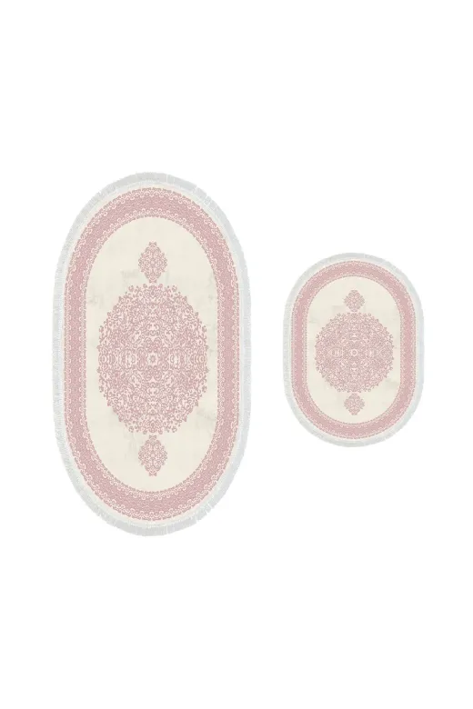 Alanur Home 410602-O Alanur Trend Kaymaz Taban Oval Saçaklı Dijital 2'li Banyo Takımı Krem Pudra