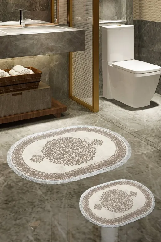 Alanur Home 410602-O Alanur Trend Kaymaz Taban Oval Saçaklı Dijital Banyo Takımı Kahve
