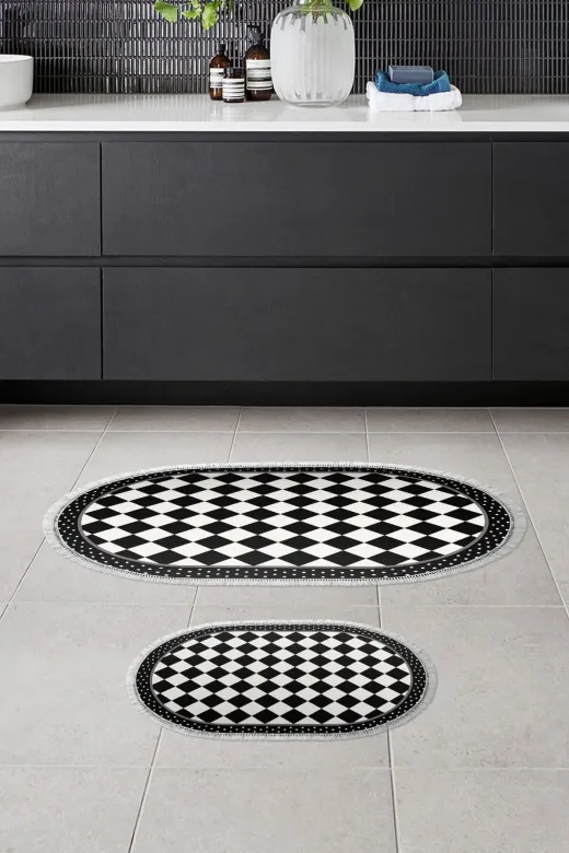 Alanur Home 410607-O Alanur Trend Kaymaz Taban Oval Saçaklı Dijital Banyo Takımı Si?yah