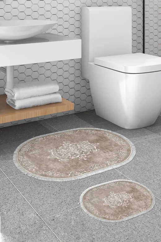 Alanur Home 410616-O Alanur Trend Kaymaz Taban Oval Saçaklı Dijital Banyo 2'li Klozet Takımı Bej