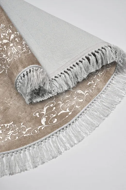 Alanur Home 410616-O Alanur Trend Kaymaz Taban Oval Saçaklı Dijital Banyo 2'li Klozet Takımı Bej