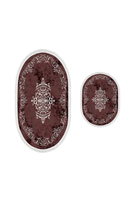 Alanur Home 410616-O Alanur Trend Kaymaz Taban Oval Saçaklı Dijital Banyo 2'li Klozet Takımı Bordo