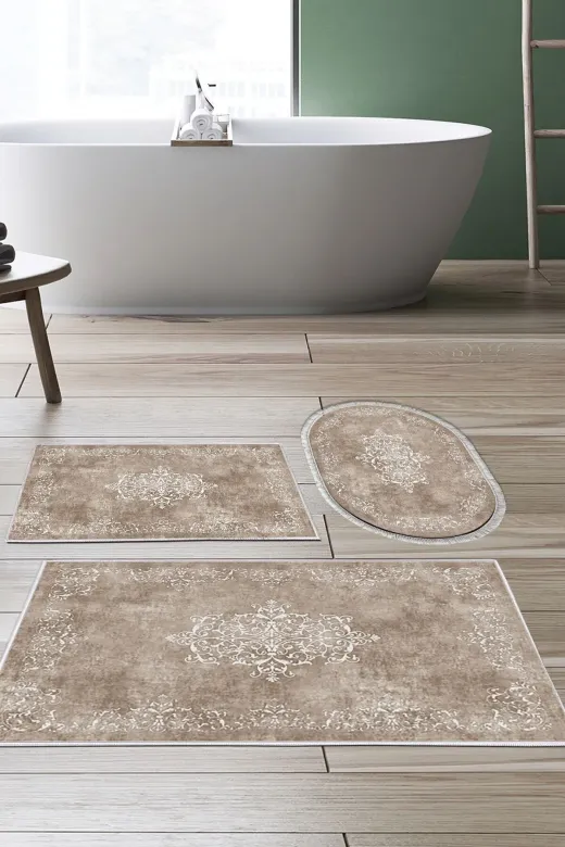 Alanur Home 616-banyo-paspas-K-S Eko Trend Djt 3 Lü Yıkanabilir Kaymaz Taban Banyo Paspas Seti 616 Klasik Bej