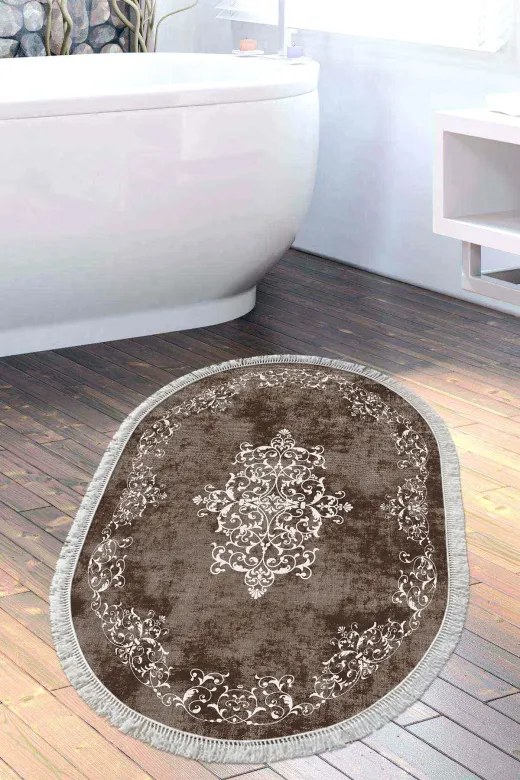 Alanur Home 616-Trend-Banyo-Oval Eko Trend Djt Banyo Paspası Yıkanabilir Kaymaz Taban 616 Oval Klasik Kahve