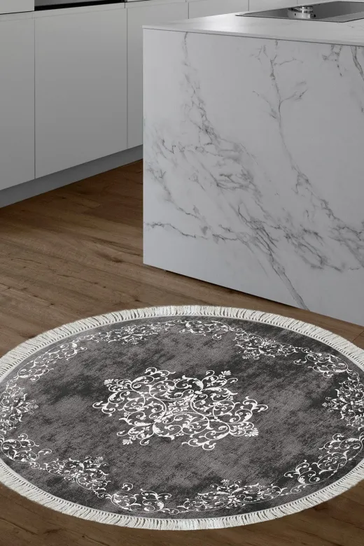 Alanur Home 616-Trend-Banyo-Yuvarlak Eko Trend Djt Banyo Paspası Yıkanabilir Kaymaz Taban 616 Yuvarlak Klasik Gri