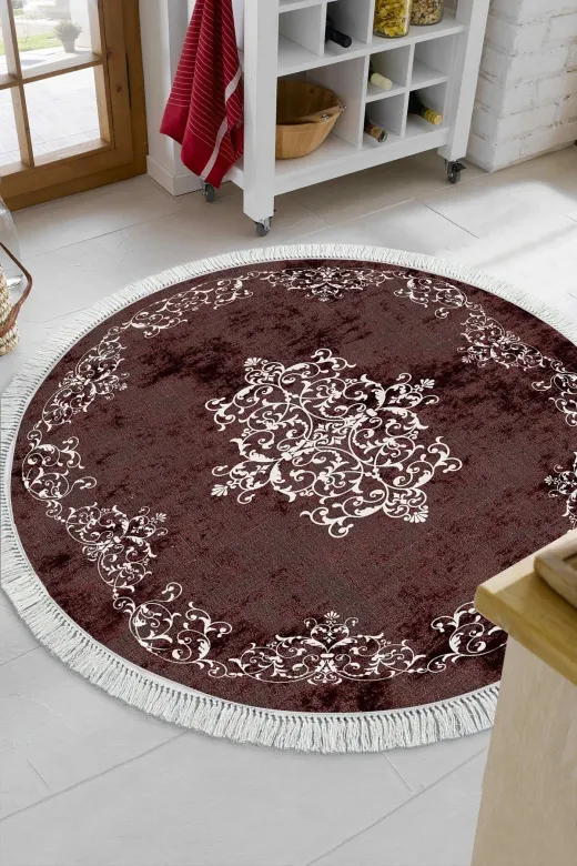 Alanur Home 616-Trend-Banyo-Yuvarlak Eko Trend Djt Banyo Paspası Yıkanabilir Kaymaz Taban 616 Yuvarlak Klasik Bordo