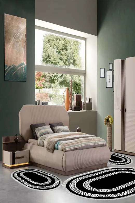 Alanur Home 650M-yatak-3-pcs-oval-K-S-Oval Eko Trend Djt Yıkanabilir Kaymaz Taban Oval 3 Lü Yatak Odası Takımı 650M Modern Siyah