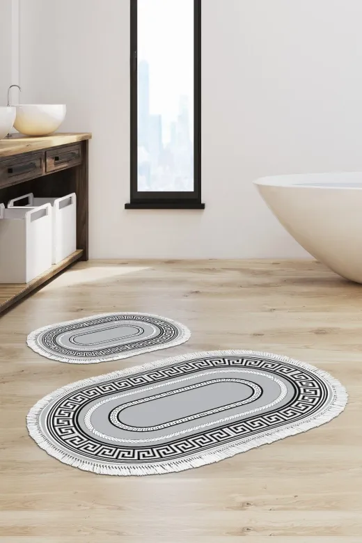 Alanur Home 651M-eko-klozet-oval-2-K-S-Oval Eko Trend Djt 2 Li Yıkanabilir Kaymaz Taban Oval Banyo Paspas 651M Modern Gri (50 X 80 - 40 X 50)